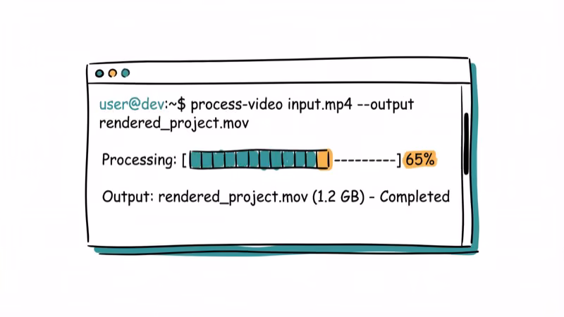 Terminal window showing command line video file processing with progress indicator