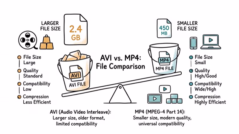 Comparison scale showing AVI versus MP4 file sizes with quality indicators