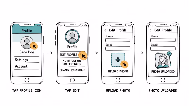 Mobile app screen flow showing steps to change profile picture on X