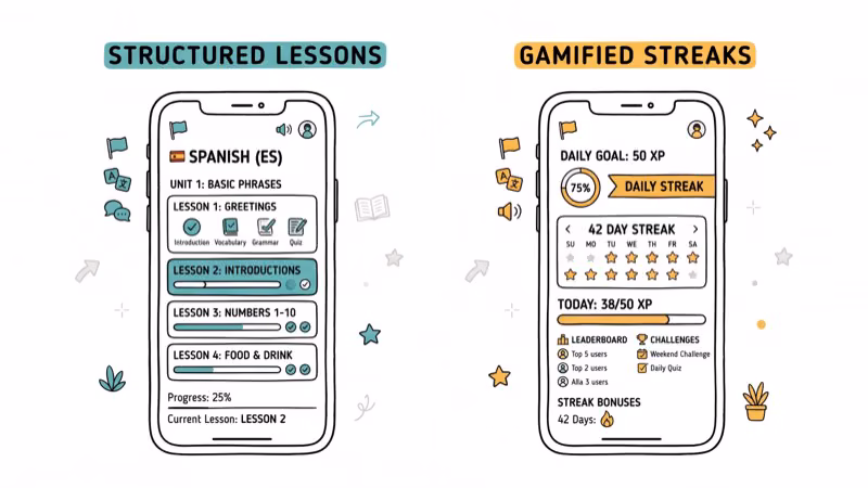 Two phone screens side by side comparing structured lessons and gamified learning apps