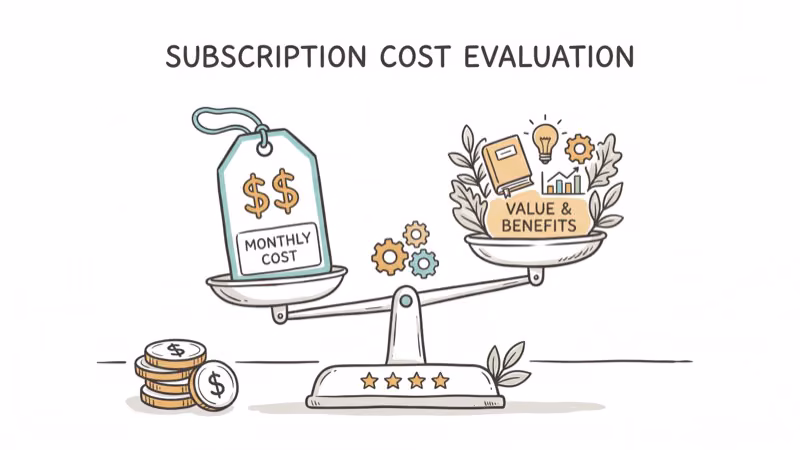 Price tag with dollar signs and balance scale comparing subscription cost and value