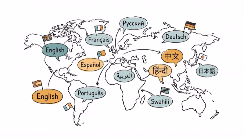World map with language bubbles and flags showing available language options