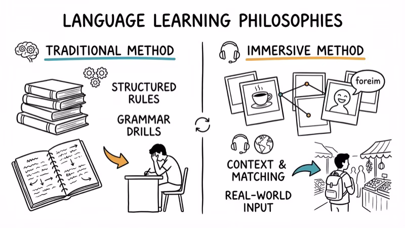 Two language learning methods compared with textbook grammar and immersive picture matching