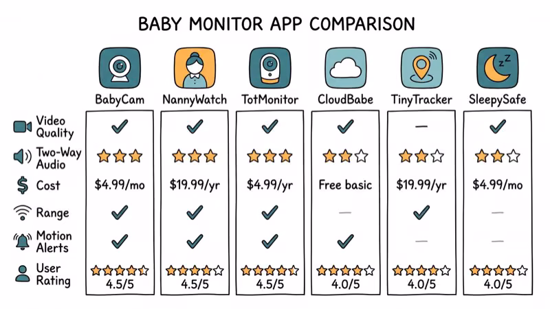 Comparison of six baby monitor apps showing features and pricing