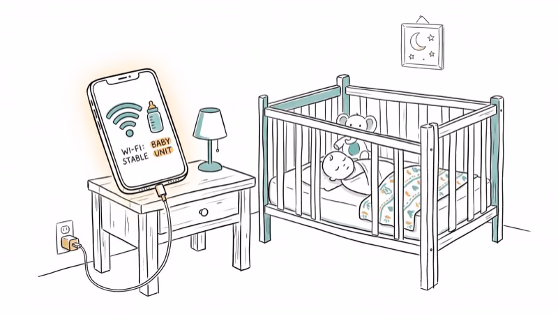 Smartphone placed on nightstand beside crib as baby monitor station