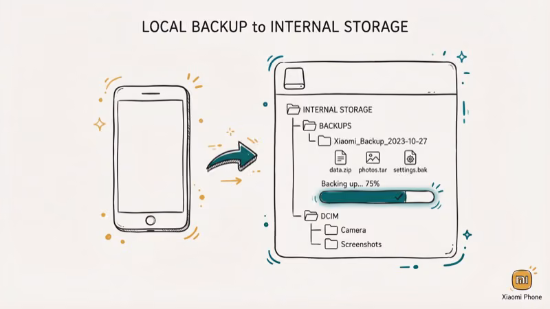 Xiaomi phone local backup to internal storage with folder structure and progress bar
