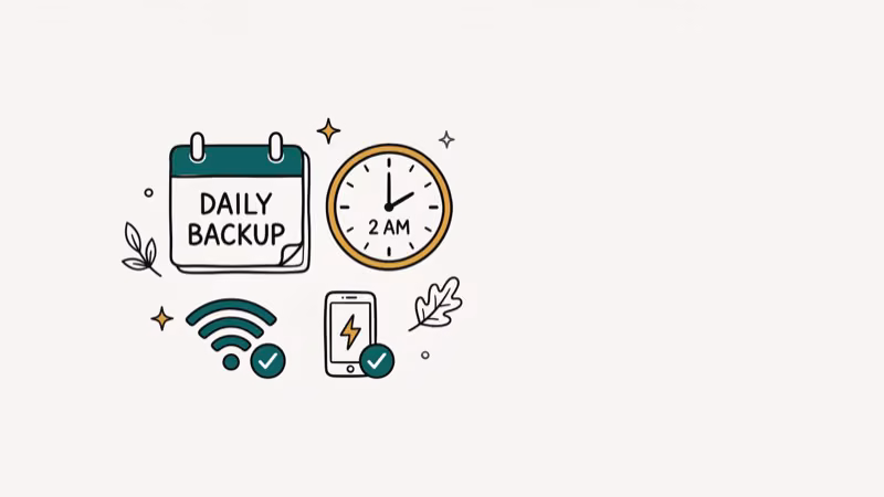 WhatsApp automatic backup schedule with daily frequency, Wi-Fi only setting, and overnight backup time