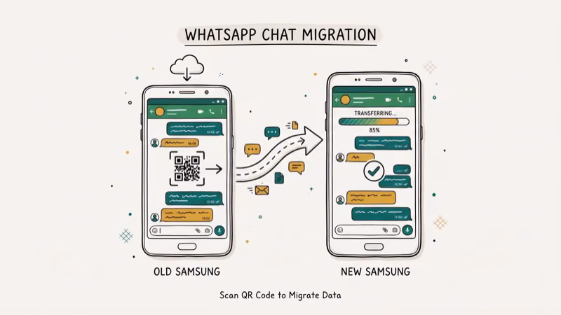 Two Samsung Galaxy phones transferring WhatsApp chat data with QR code scan during device migration
