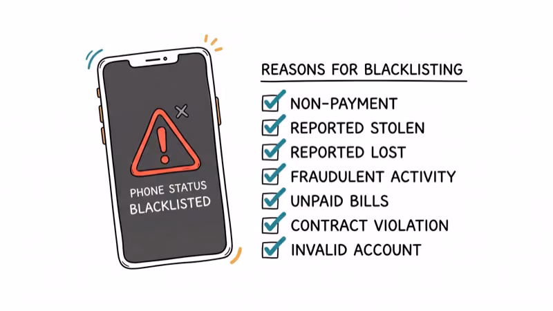 Phone with red warning symbol next to checklist of blacklisting reasons