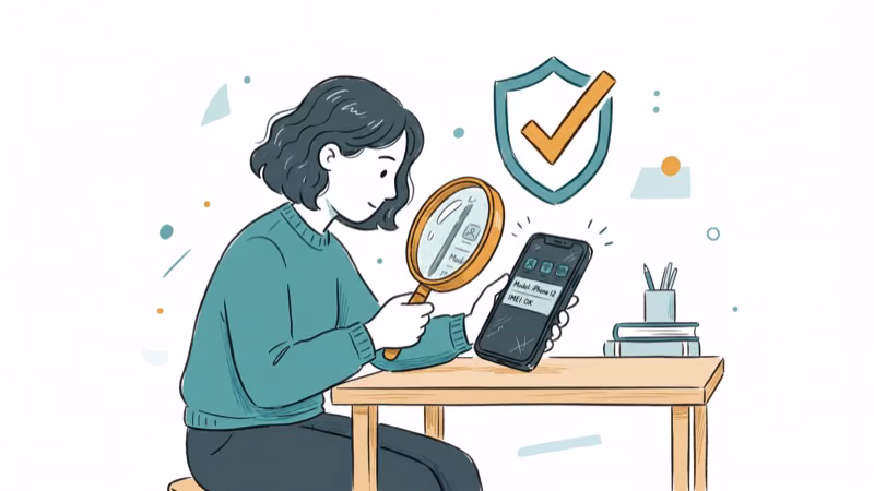 Person inspecting used phone with magnifying glass and verified checkmark