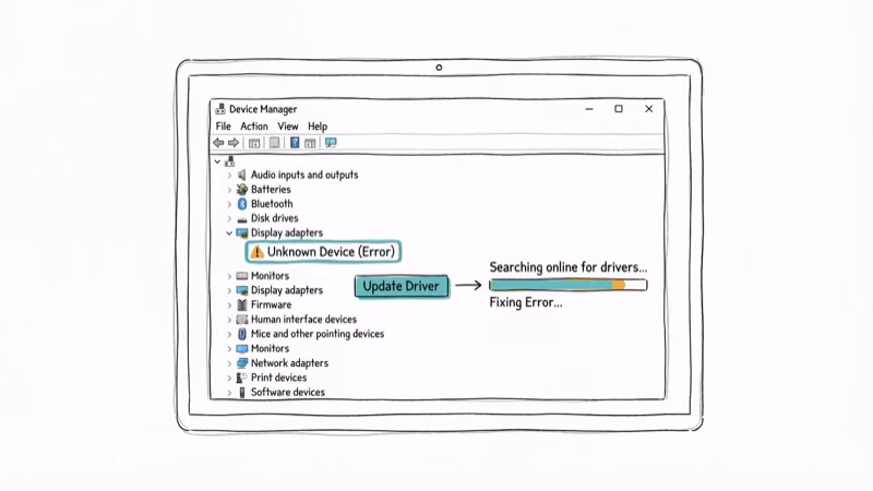 Device Manager window showing driver update process on Windows
