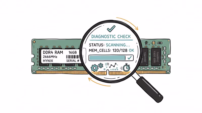 RAM memory module with diagnostic magnifying glass checking for errors
