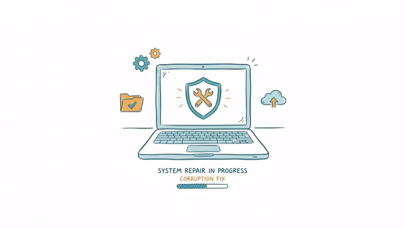 Laptop showing system file repair with wrench and shield icons
