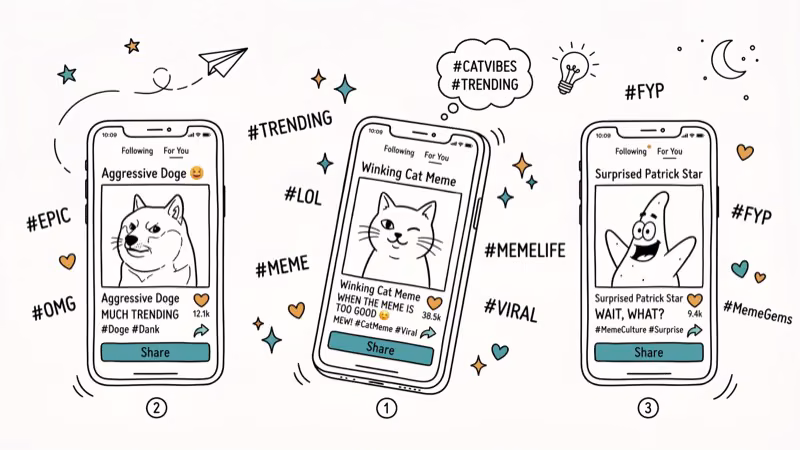 Smartphone screens showing trending viral memes with share and heart icons