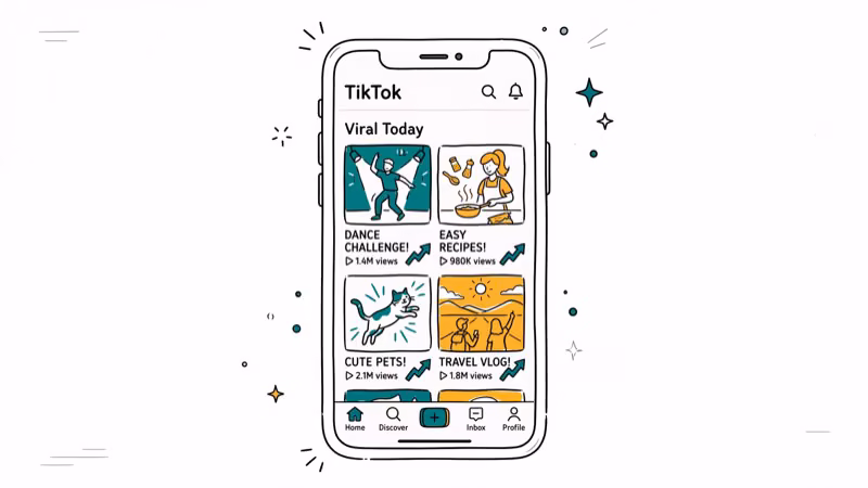 TikTok phone interface showing viral video thumbnails with view counts