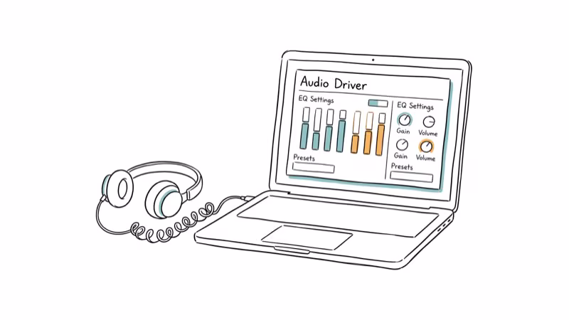 Hand-drawn laptop with headphones showing audio driver equalizer interface
