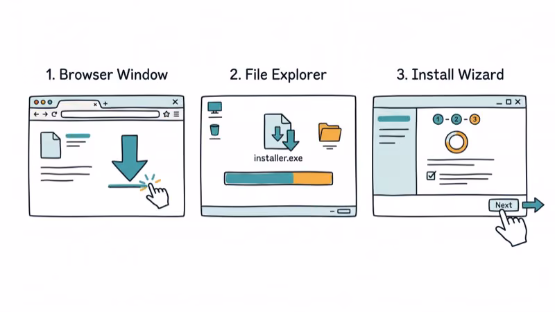 Hand-drawn step-by-step driver download and install process with browser and wizard icons