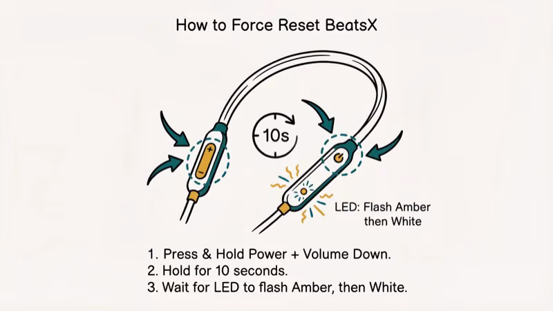 BeatsX earphones with arrows showing power button and volume down button held for 10-second force reset