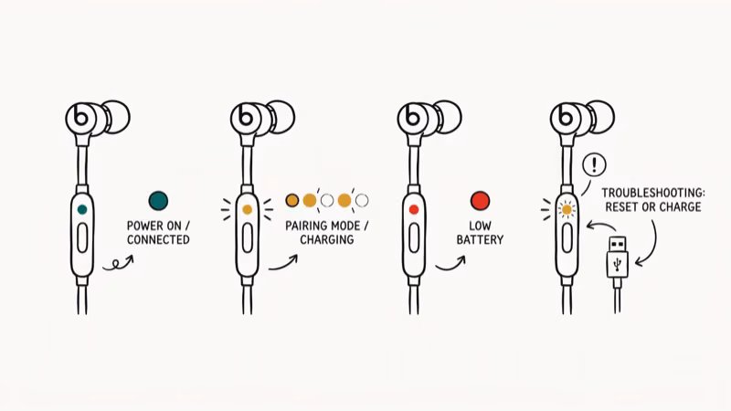 BeatsX LED indicator light states including solid white charged, blinking amber, and red low battery