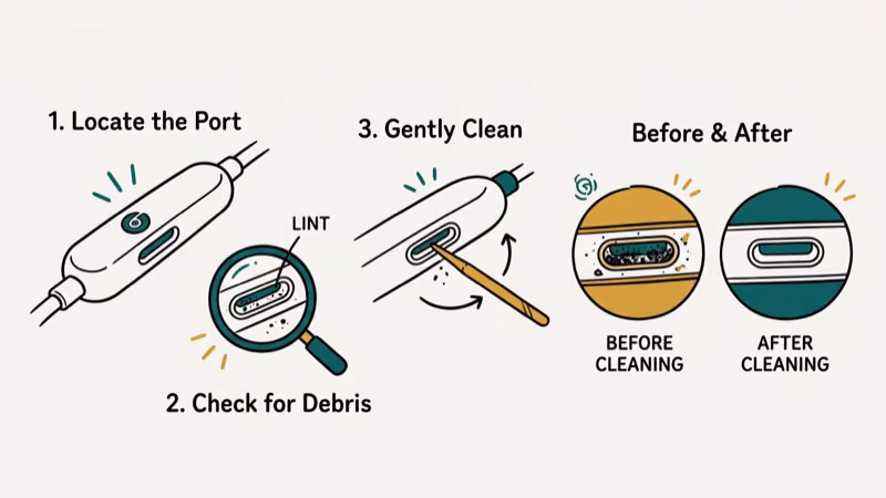 BeatsX Lightning port being cleaned with toothpick removing lint debris before and after comparison