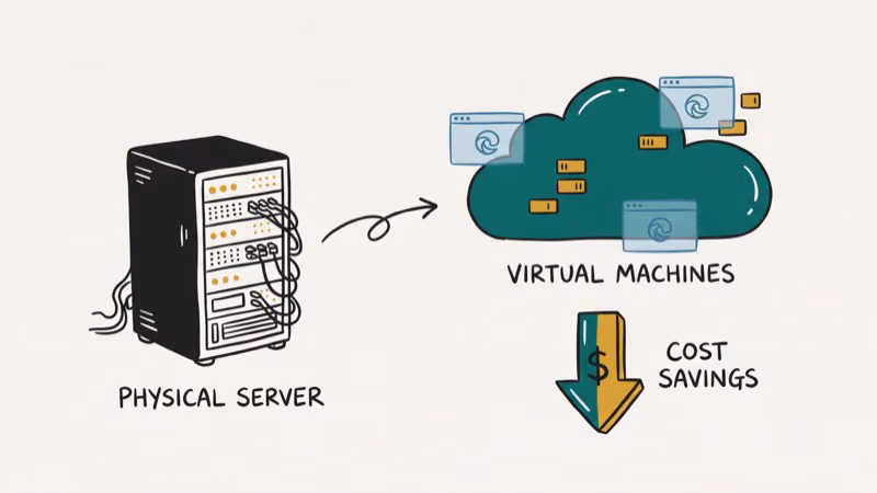 Small business server rack replaced by cloud virtual machines showing reduced hardware and energy costs