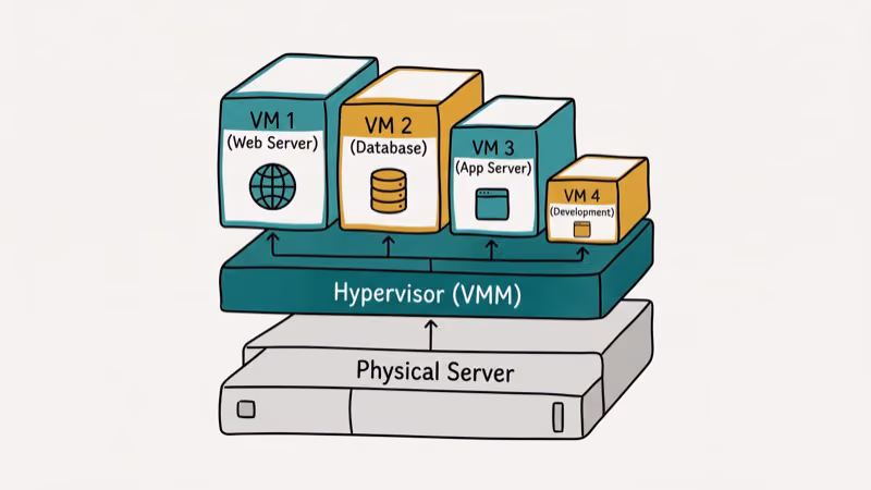 Diagram showing hypervisor layer between physical server hardware and multiple virtual machines