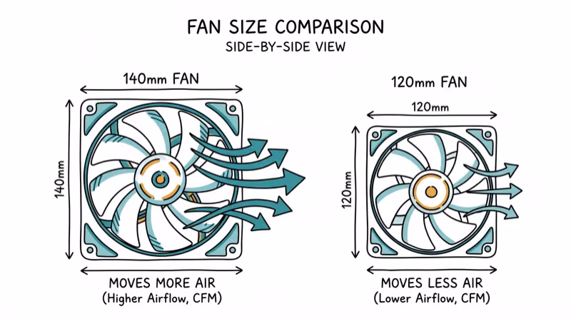 Hand-drawn comparison of 140mm and 120mm PC case fans with airflow indicators