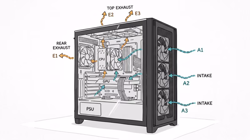 Hand-drawn PC tower showing optimal airflow from front intake to rear exhaust