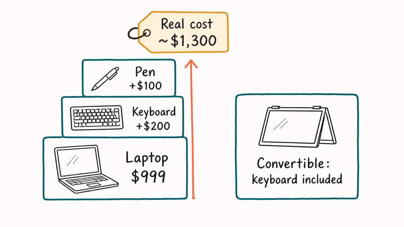 Stacked cost blocks showing detachable laptop price rising as keyboard and pen accessories add up