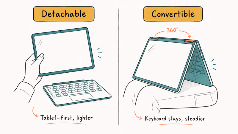 Detachable tablet beside a convertible folding back, contrasting tablet-first and laptop-first two in one designs