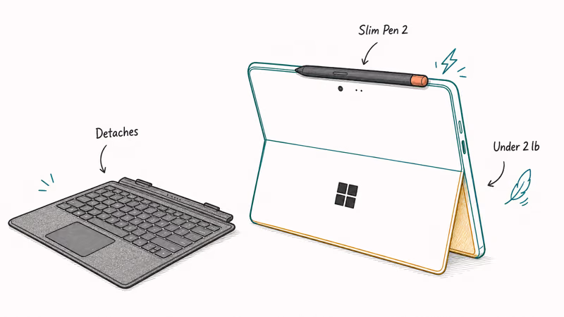 Surface Pro 11 tablet detached from keyboard with Slim Pen 2 charging on its back