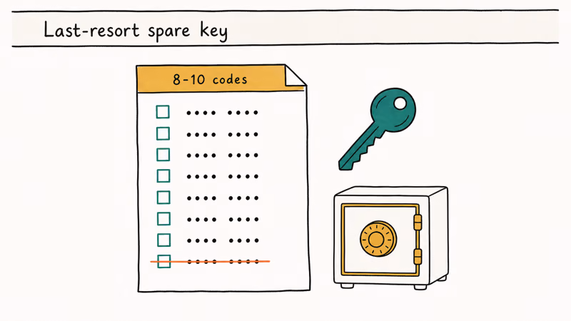 Hand-drawn sheet of single-use 2FA backup codes beside a key and lock signaling secure last-resort storage