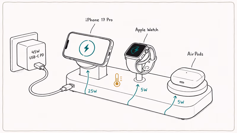 Hand-drawn dock distributing 25W, 5W, and 5W to iPhone, Watch, AirPods from one adapter.