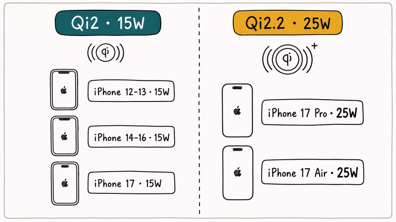 Hand-drawn split layout showing iPhone models that cap at 15W Qi2 versus 25W Qi2.2.