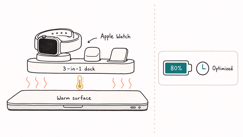 Hand-drawn dock stacked on warm laptop with Apple Watch and 80 percent battery icon nearby.