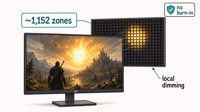 Mini-LED monitor backlight split into roughly 1,152 local dimming zones for bright HDR gaming
