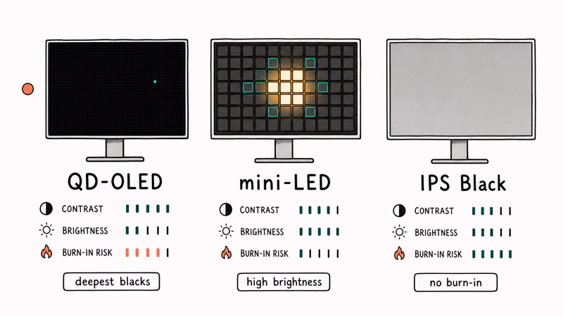 Diagram comparing QD-OLED, mini-LED, and IPS monitor panels by contrast, brightness, and burn-in risk