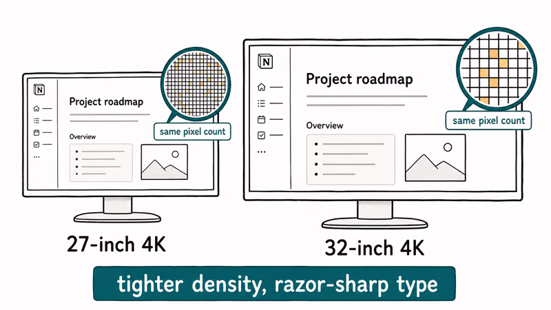 Illustration showing 27-inch versus 32-inch 4K monitors and their relative pixel density for editing