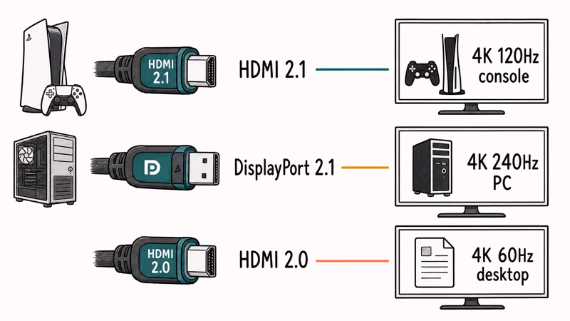 Chart matching HDMI 2.1 and DisplayPort 2.1 bandwidth to 4K refresh rates and consoles