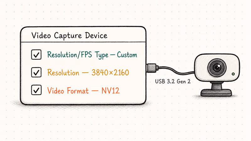 Notion-style sketch of an OBS Video Capture Device panel set to custom 3840 by 2160 resolution and NV12