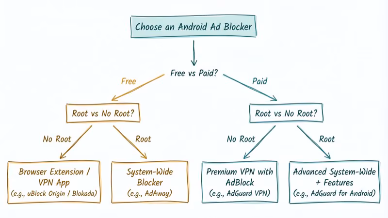 Hand-drawn flowchart for choosing an ad blocker with free vs paid paths