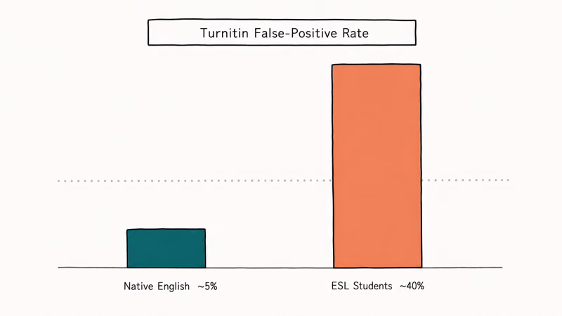 Bar chart comparing Turnitin false-positive rate of forty percent for ESL students versus five percent for native English