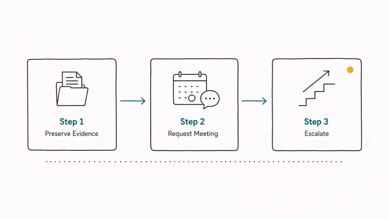 Three connected step cards showing preserve evidence request meeting escalate response workflow for wrongly flagged students.