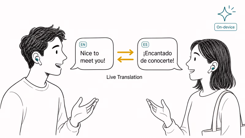 Two people wearing AirPods Pro 3 exchanging live translated speech across a language gap