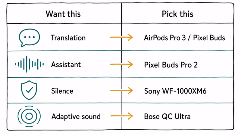 Decision chart matching translation, assistant, and silence needs to the right AI earbud pick