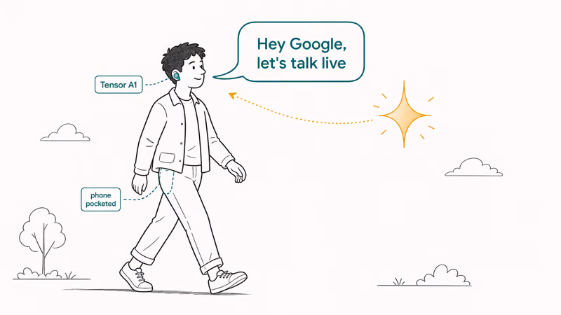 Person walking hands-free while talking to Gemini Live through Pixel Buds Pro 2