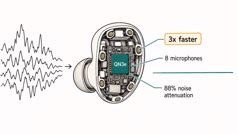 Diagram of Sony WF-1000XM6 noise cancelling chip with eight microphones feeding the cancellation algorithm