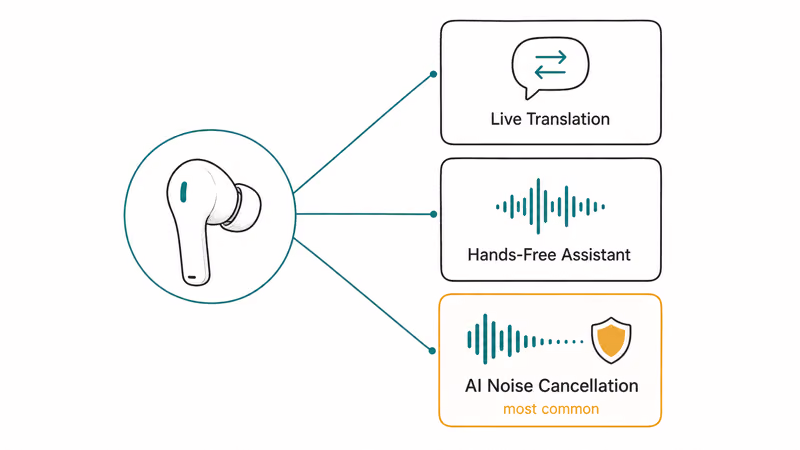 Hand-drawn chart splitting AI earbuds into translation, voice assistant, and noise cancellation categories