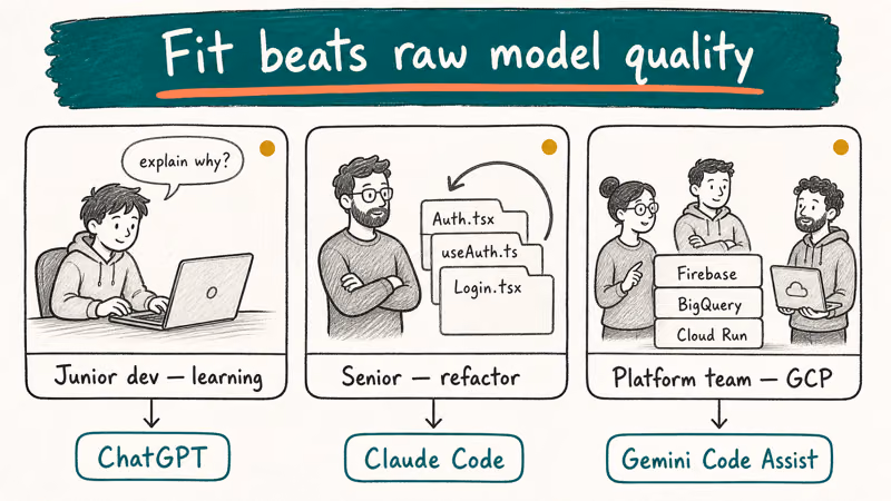 Three developer personas paired with three different AI coding tools showing fit beats raw model quality.