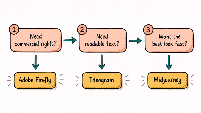 Three decision questions guiding readers to the right AI image generator for their needs